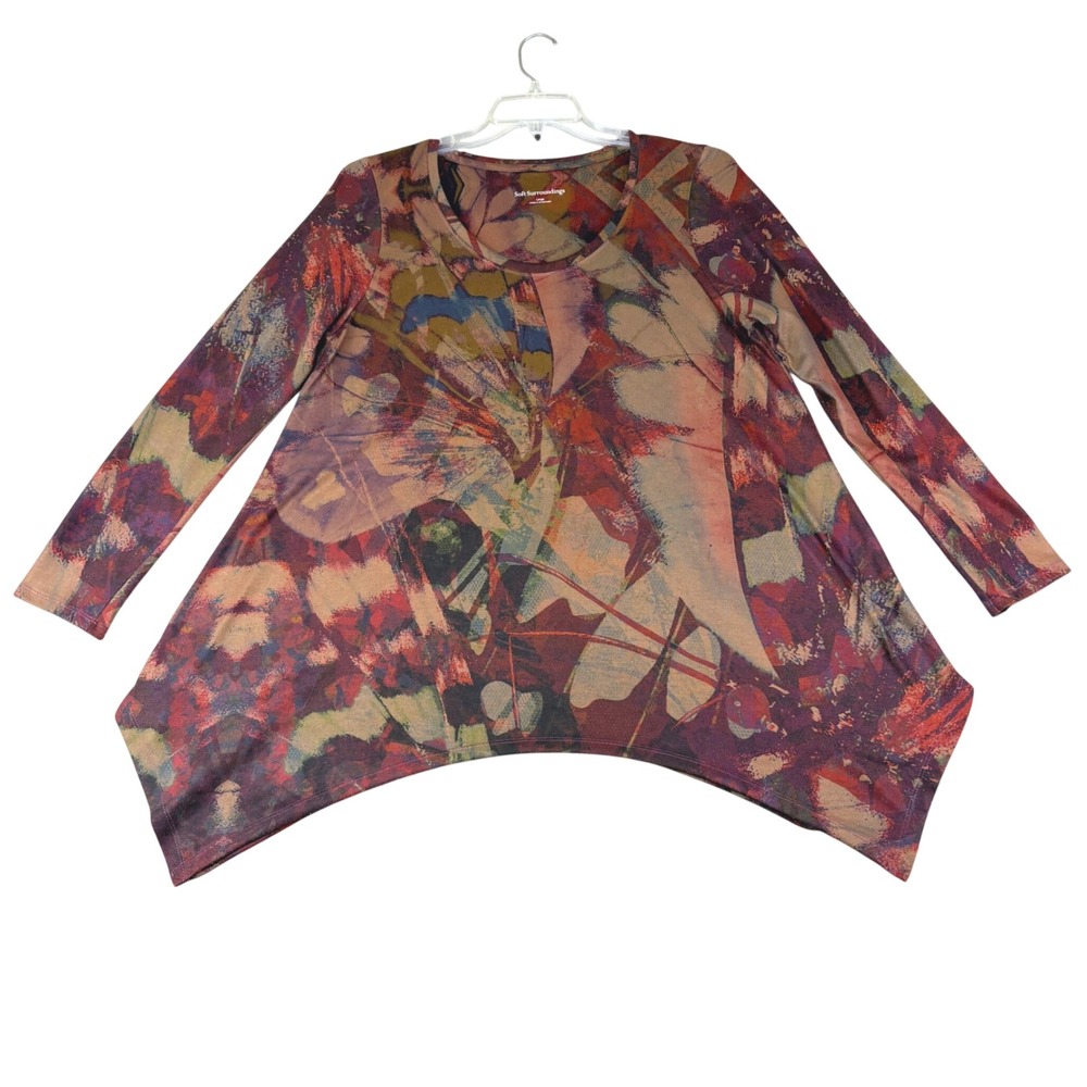 Soft Surroundings L Brown Abstract Sharkbite Tunic Long Sleeve Boho Lagenlook